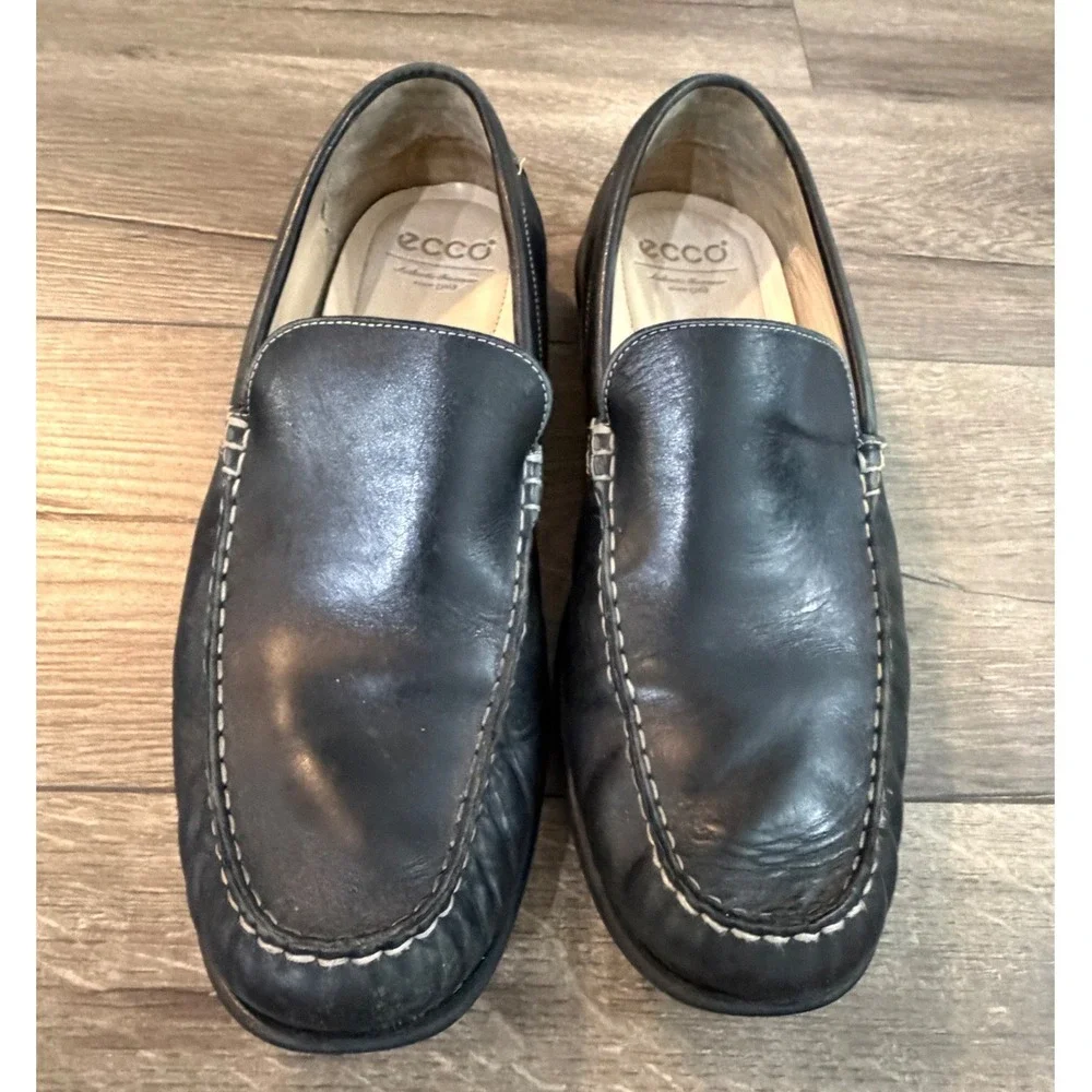 ECCO Mens Black Leather‎ Driving Loafers Slip On Shoes Size 47/ US 13- 13.5